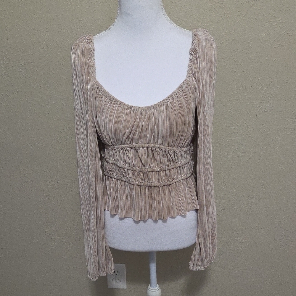 Astr Beige Textured Silky Long Sleeve Blouse, CropTop Style, Medium